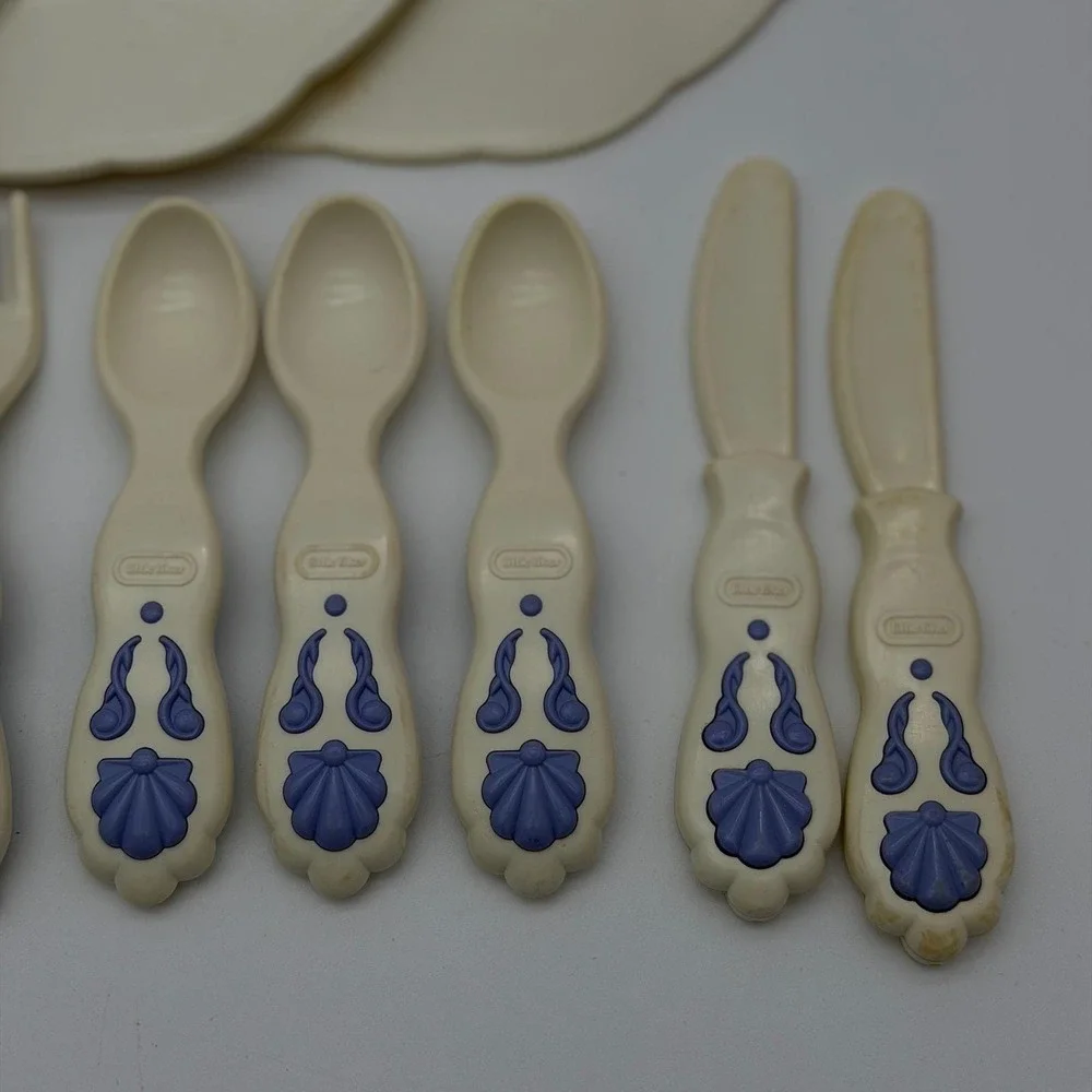 Vintage Little Tikes Toy Dish Set Plates Goblets Utensils Cream Blue Pink 17pc